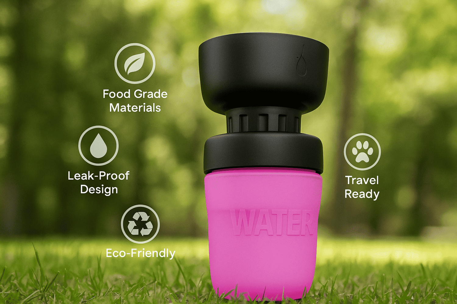 Pink water bottle with black cap on grass, featuring icons and text about product features.