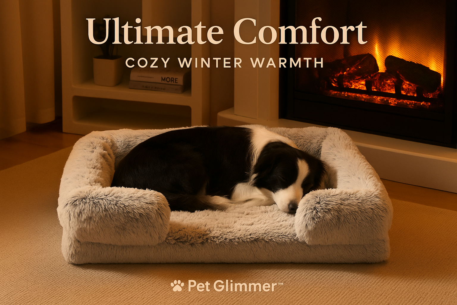 Professional HD square marketing image showing a dog sleeping peacefully in the Pet Glimmer™ dog sofa bed by a cozy fireplace with warm lighting